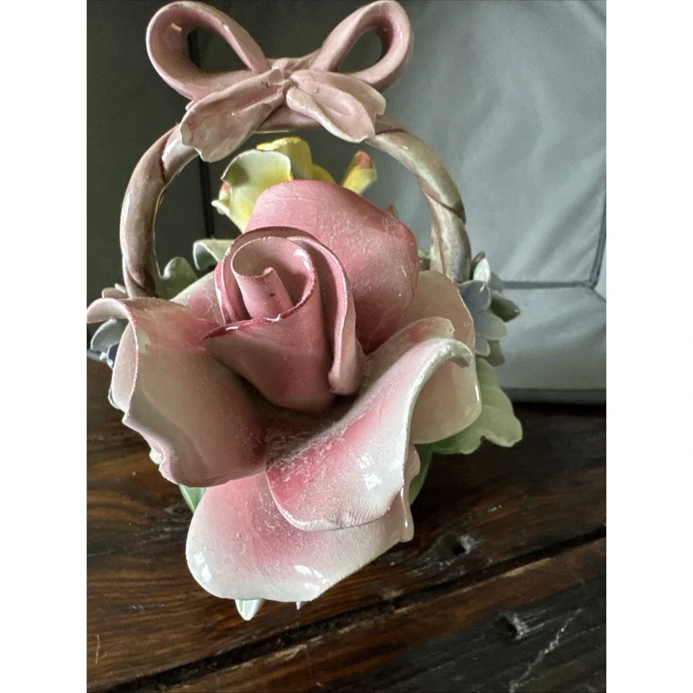 Vintage 1980s Capodimonte Italian‎ Porcelain Flower Basket Pink Yellow